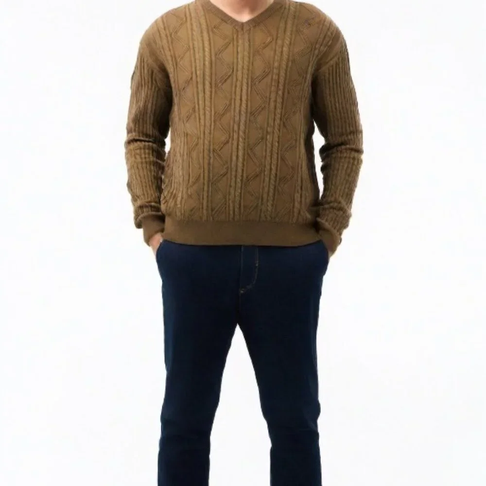 Lyle & Scott Mens Brown Cable Knit V-Neck Sweater L Combed‎ Cotton Scotland